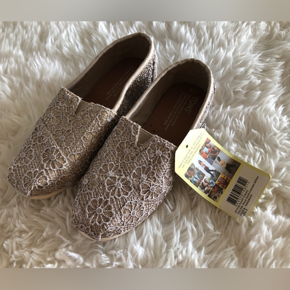 Toms rose gold crochet glitter slip on shoes